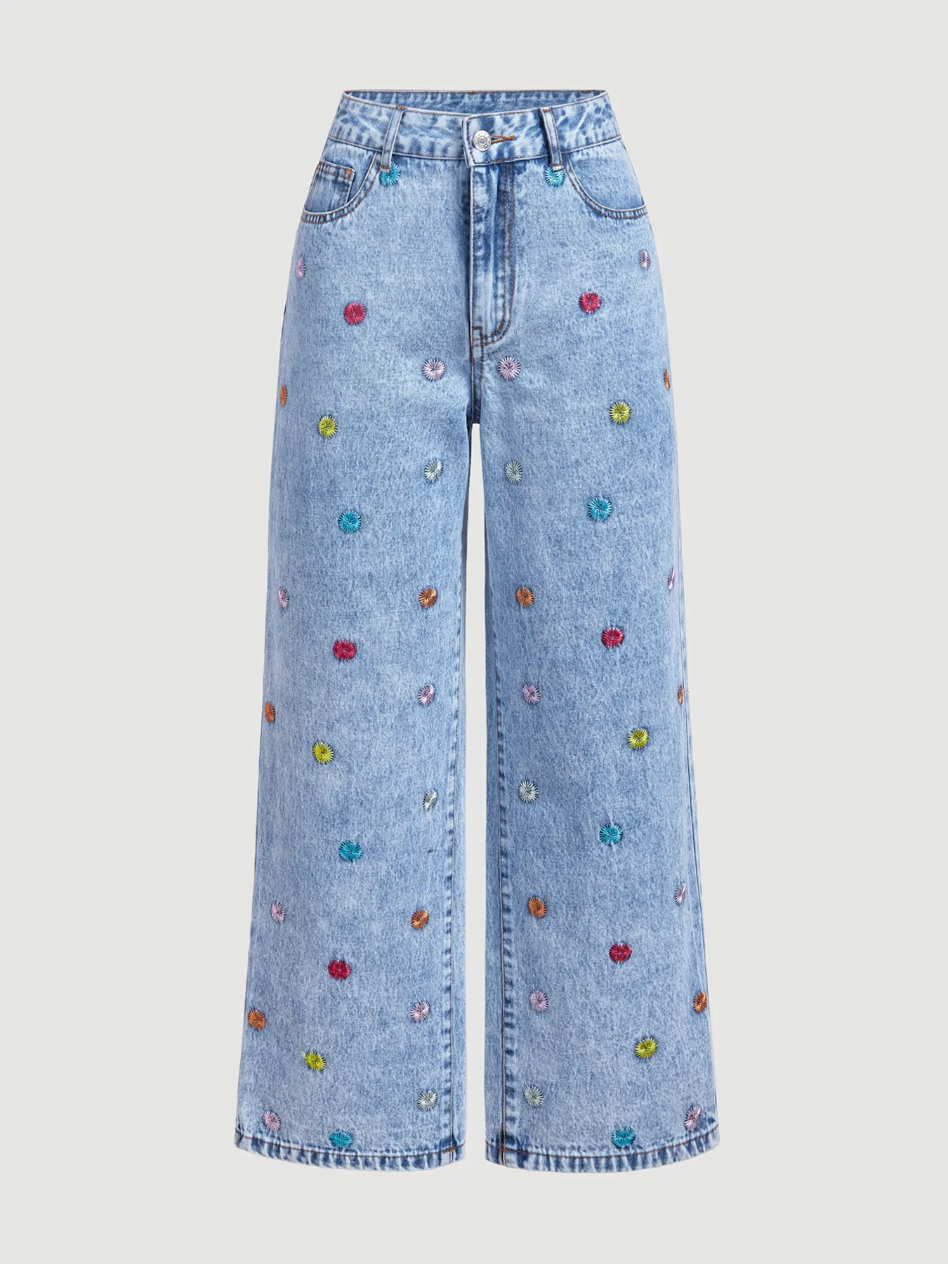 Embroidered High-Waisted Wide-Leg Jeans - Blue