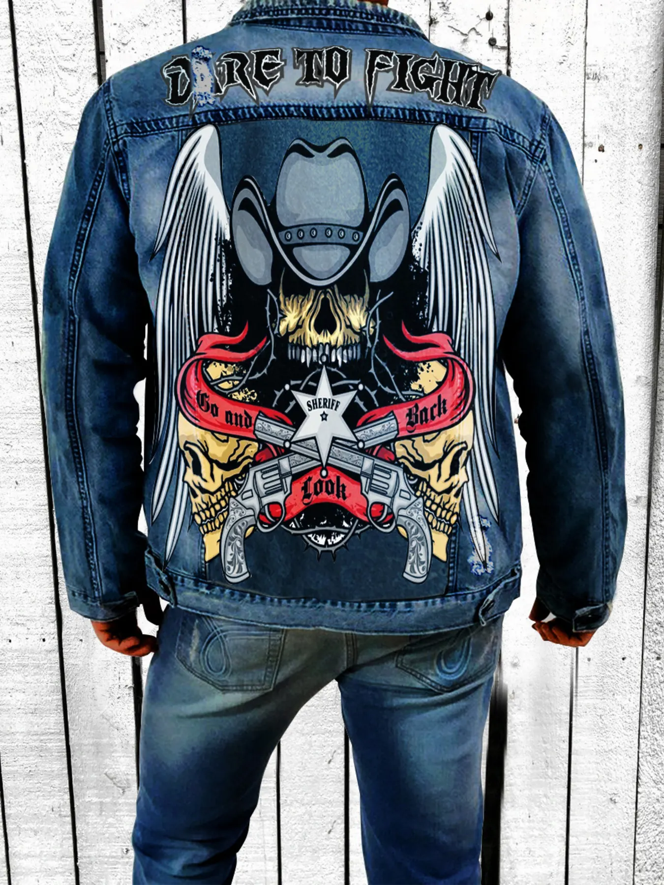 Men's Full Size Graphic Back Button Up Denim Jacket Plus Size - Dark