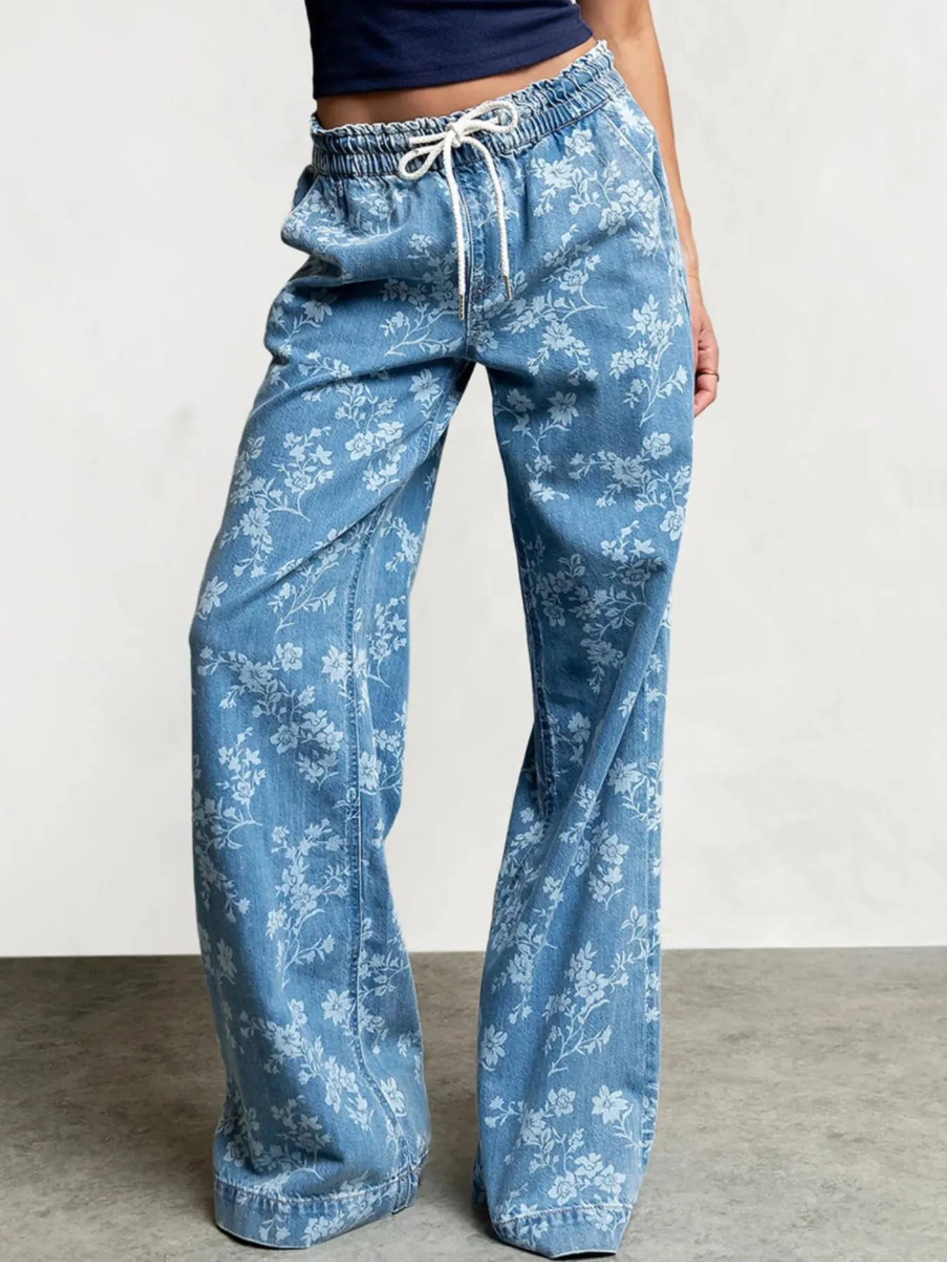 Drawstring Floral Wide-Leg Jeans - Blue