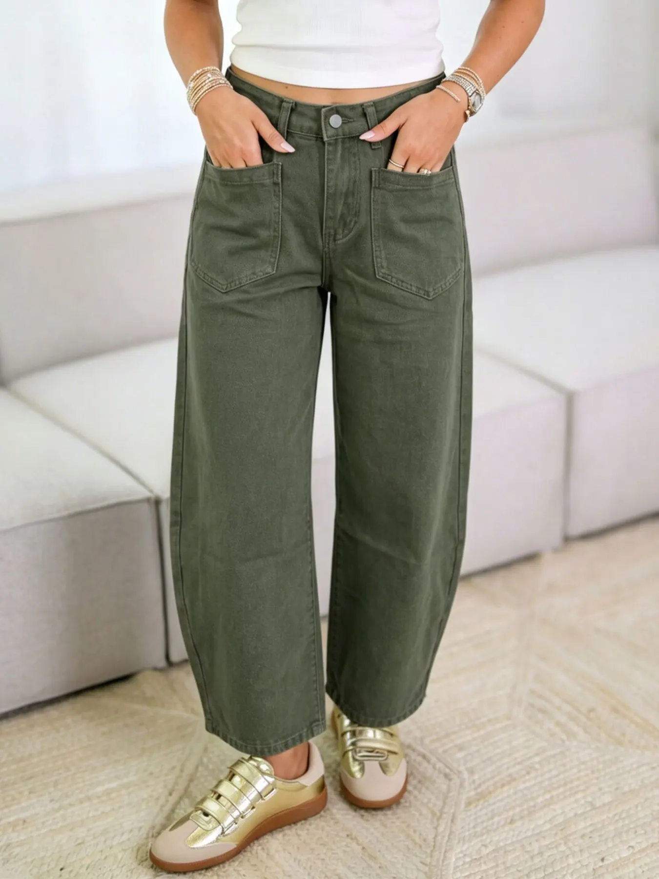 Wide-Leg Jeans with Front Patch Pockets - Army Green