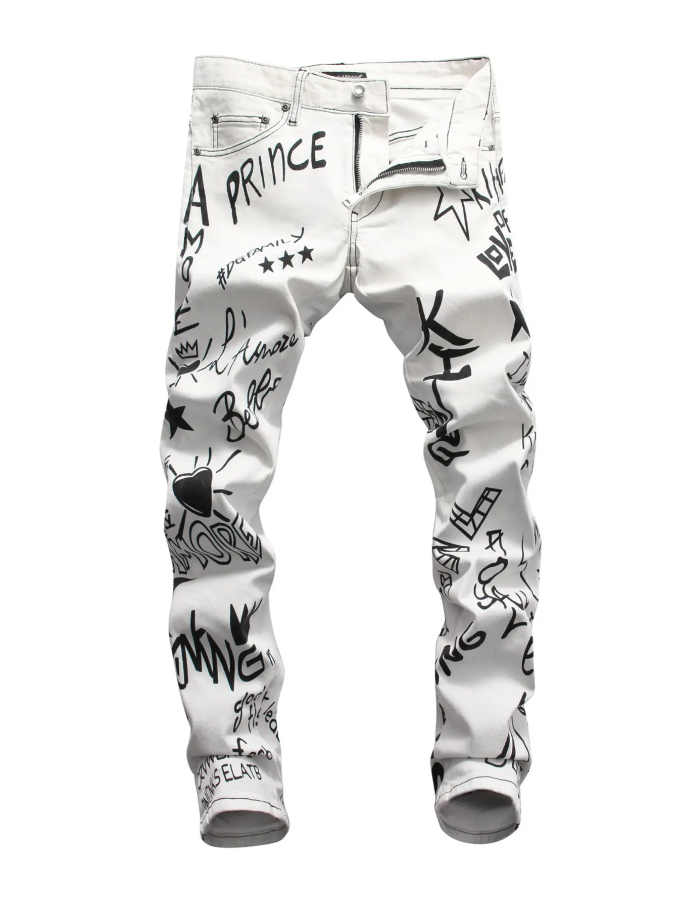 Men's Graffiti Print Slim Fit Jeans - White