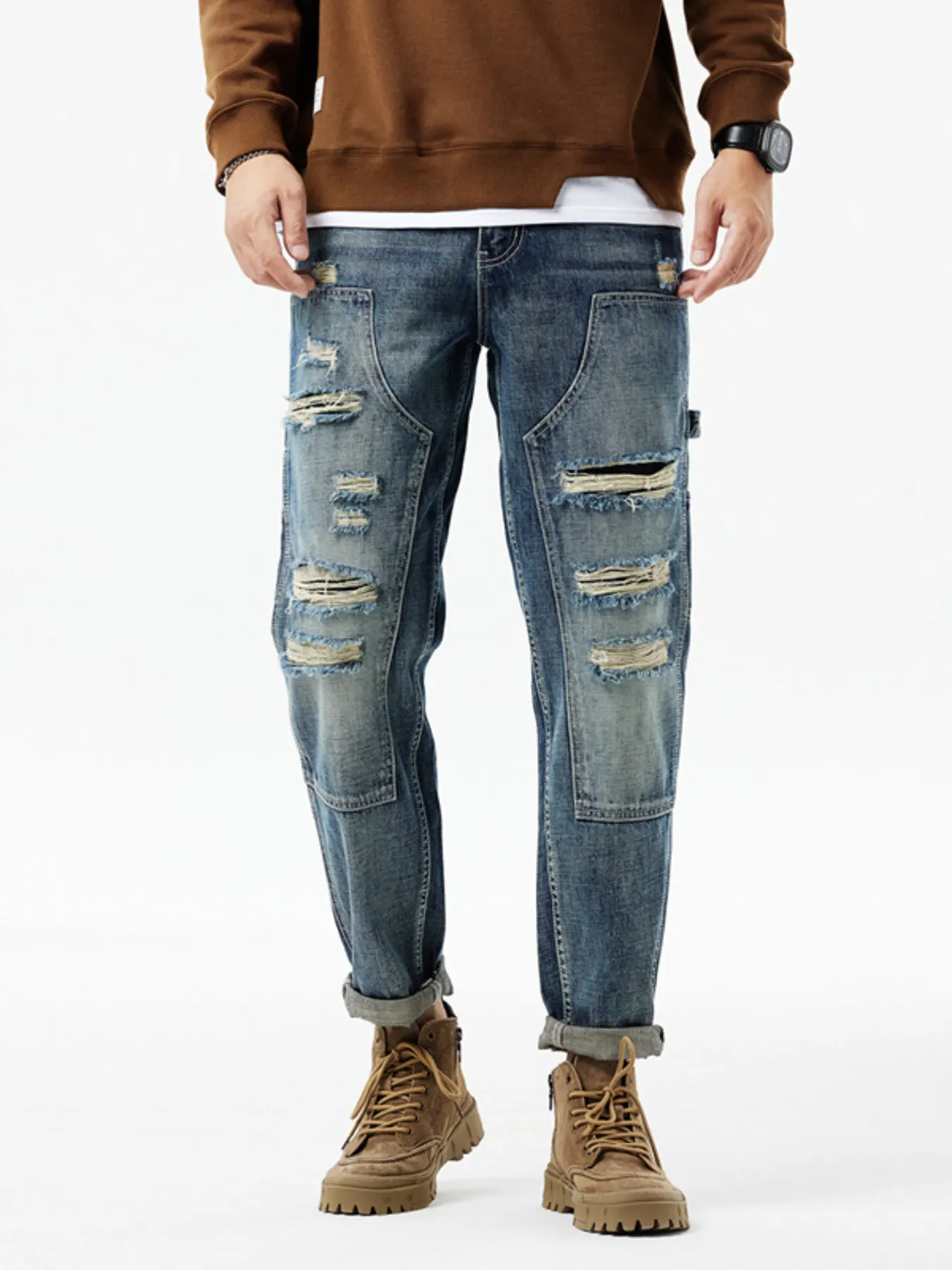 Men's Distressed Washed Jeans - Medium