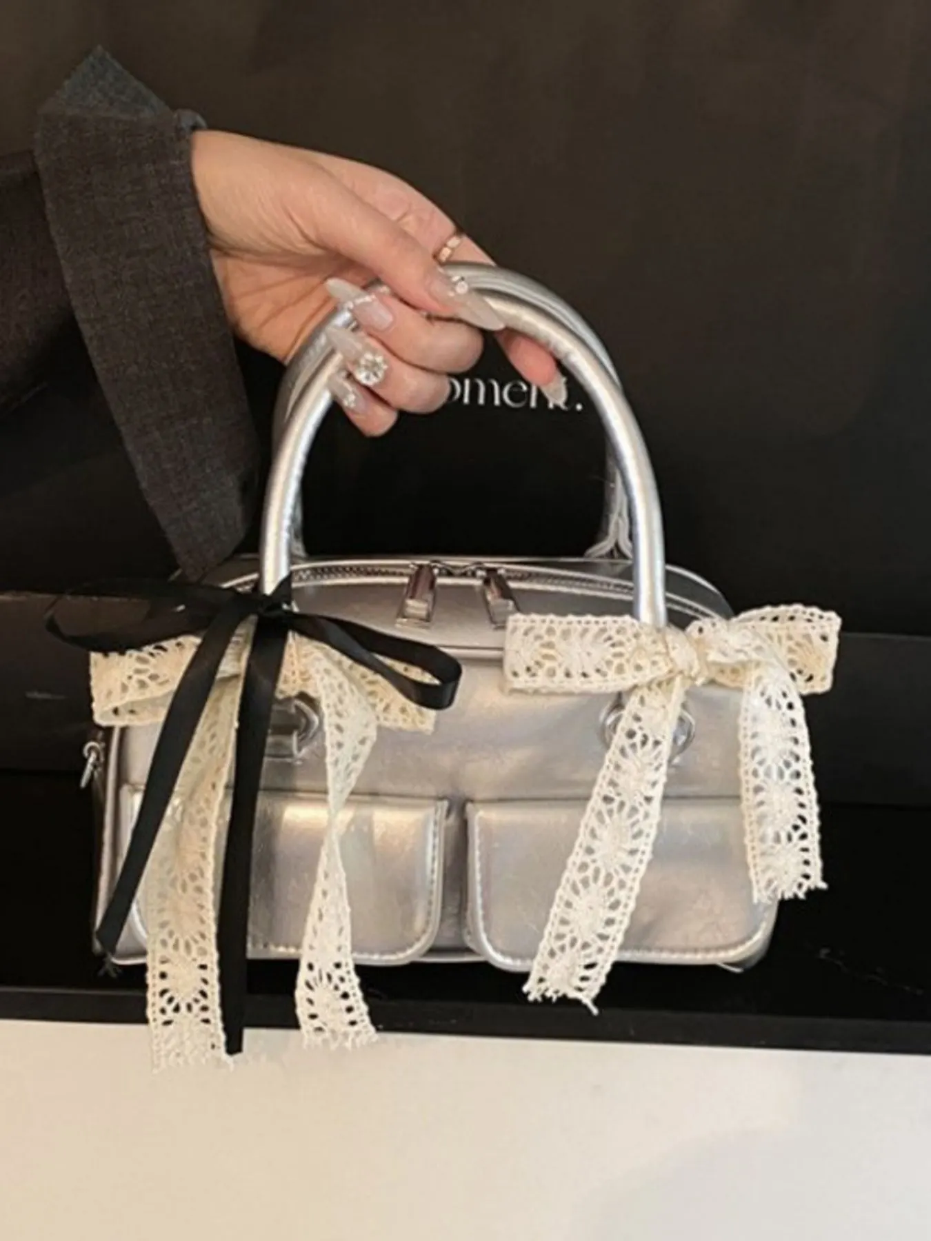 Bow Decor Crossbody Bag - Silver