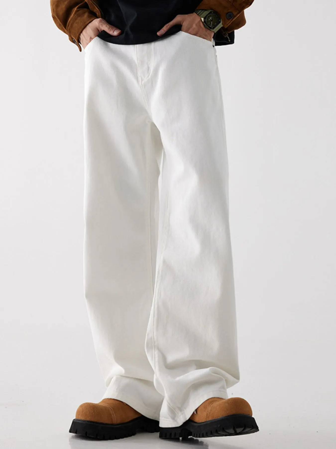 Men's Wide Leg Jeans with Pockets - White