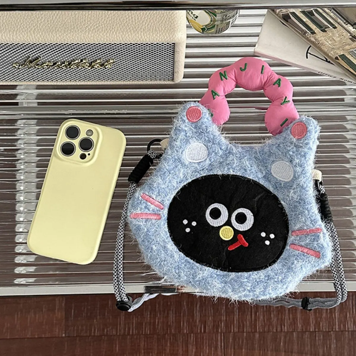Cartoon Plush Crossbody Bag - Black