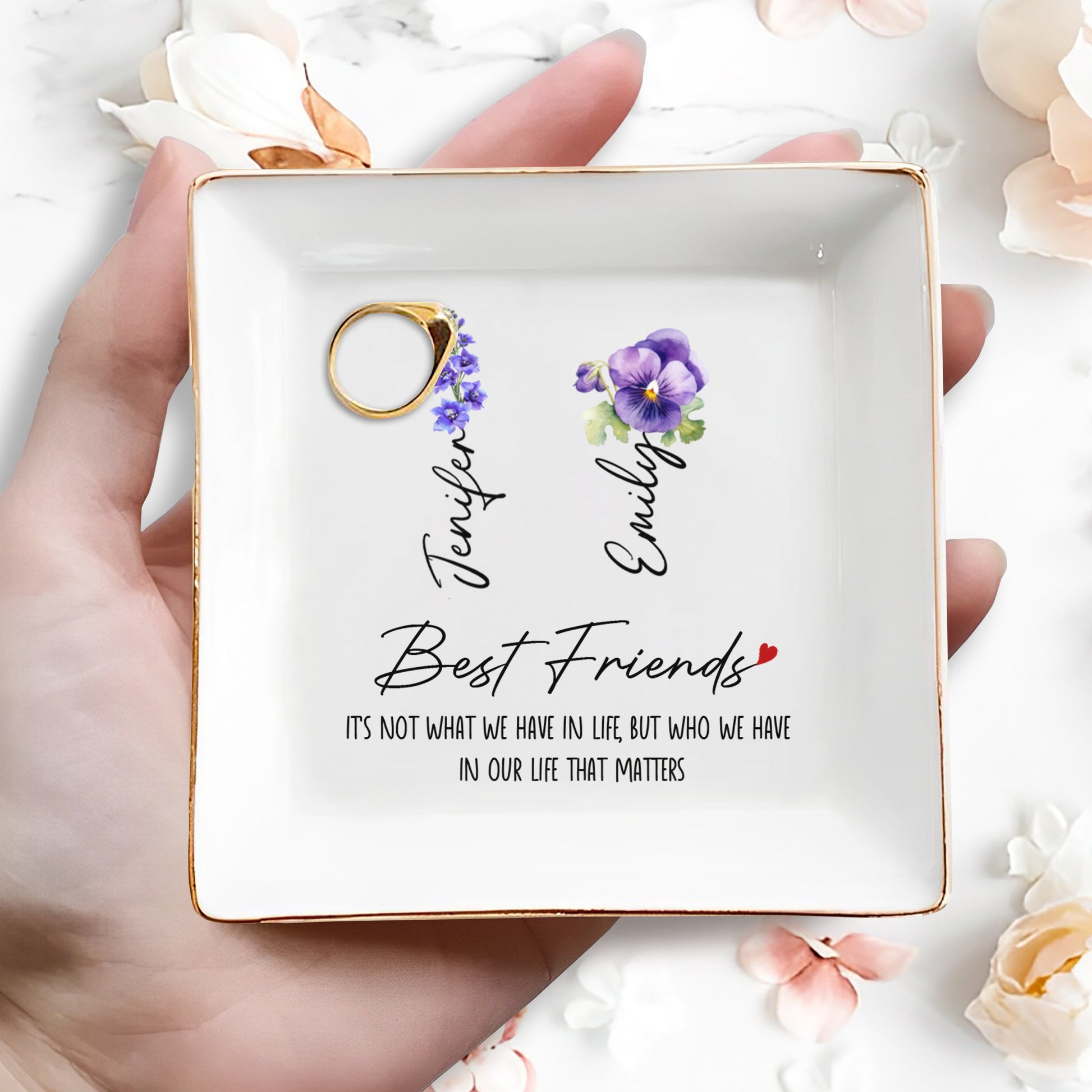 Best Friends, Life That Matters, Flowers - Personalized Custom Jewelry Dish, Square Ceramic Dish - BST169_SCRD