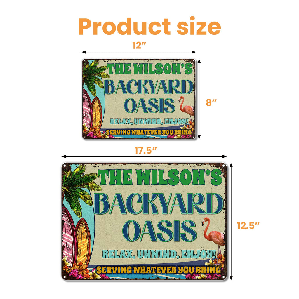 Backyard Oasis With Palm Tree, Surfboard, And Flamingo - Personalized Metal Sign - FAM045_MSIGN