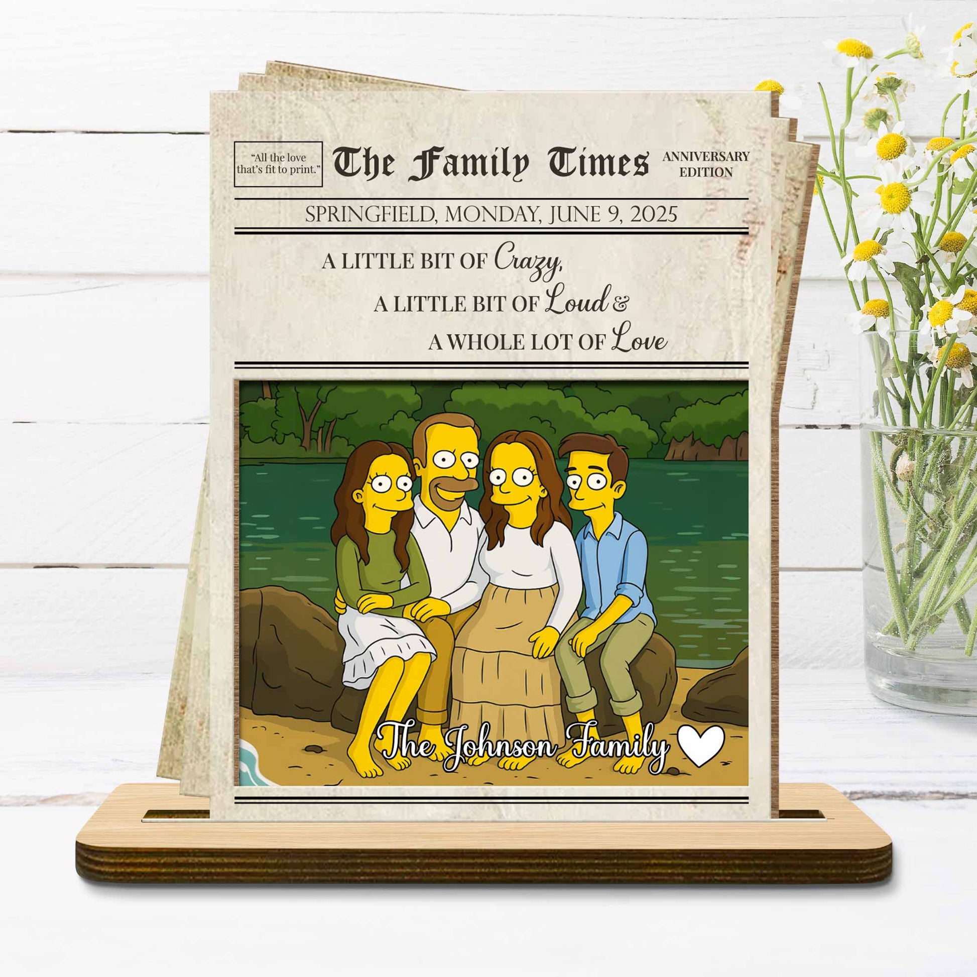 A Little Bit of Crazy, Loud & Love Family Portrait - Personalized Custom 2-Layer Wood Plaque With Flat Base - FAM402_WPLA