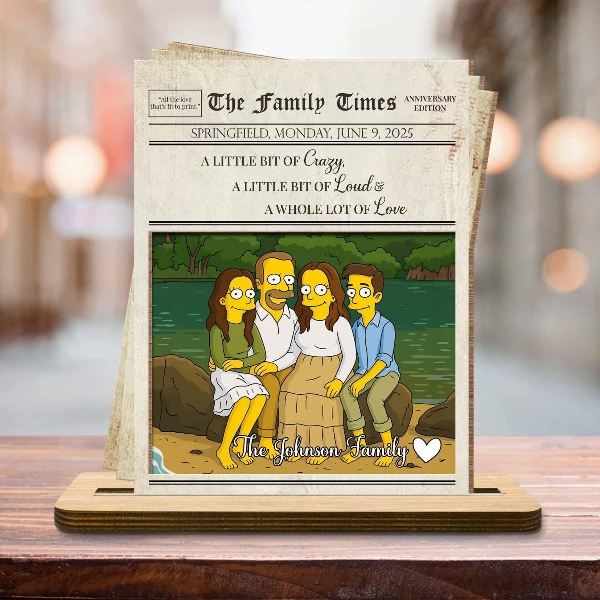 A Little Bit of Crazy, Loud & Love Family Portrait - Personalized Custom 2-Layer Wood Plaque With Flat Base - FAM402_WPLA