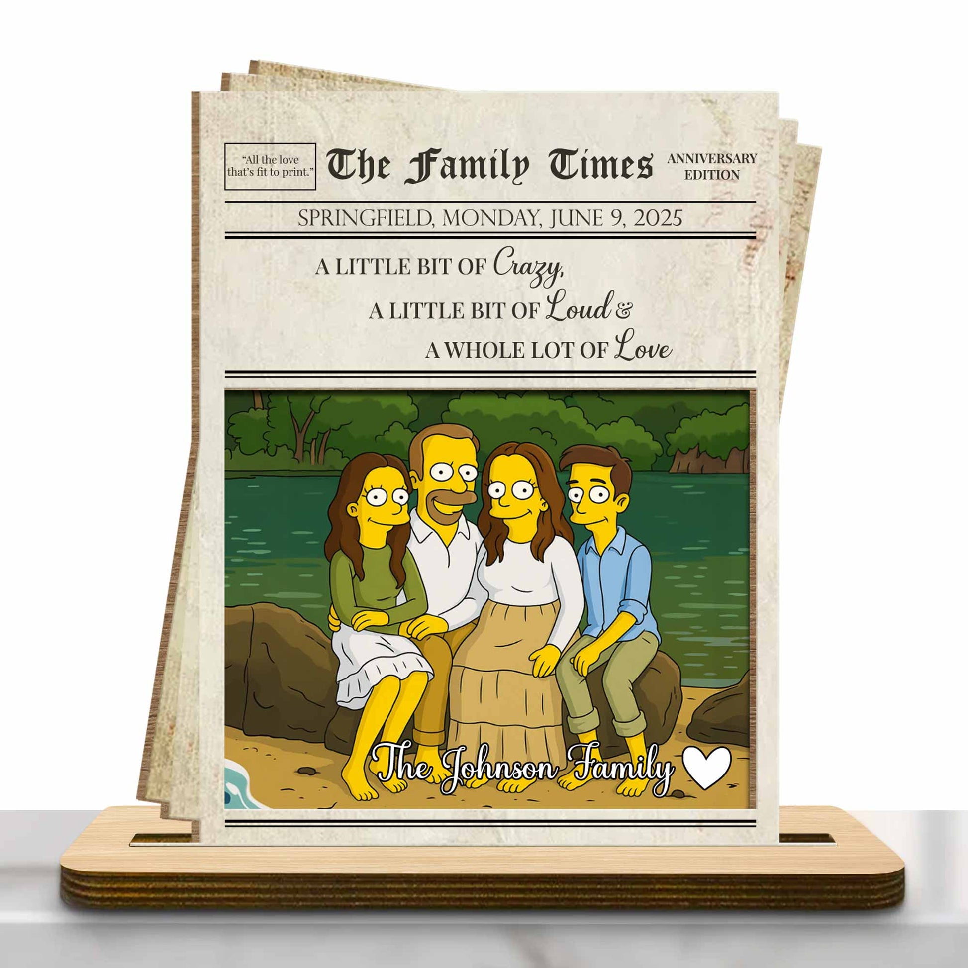 A Little Bit of Crazy, Loud & Love Family Portrait - Personalized Custom 2-Layer Wood Plaque With Flat Base - FAM402_WPLA