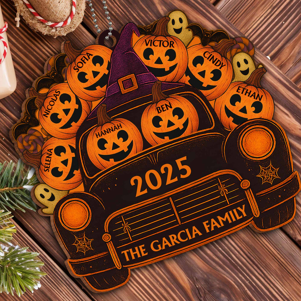 A Spooky Ride With Your Family Names, Pumpkins And Ghosts - Personalized Custom Wood Ornament, Car Hanging Ornament - HALW001_WCA
