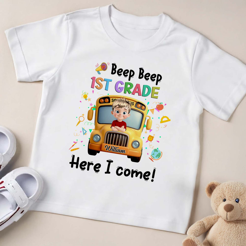 Beep Beep 1st Grade Here I Come School Bus Design - Personalized Custom Youth T-shirt - KID116_WYOU
