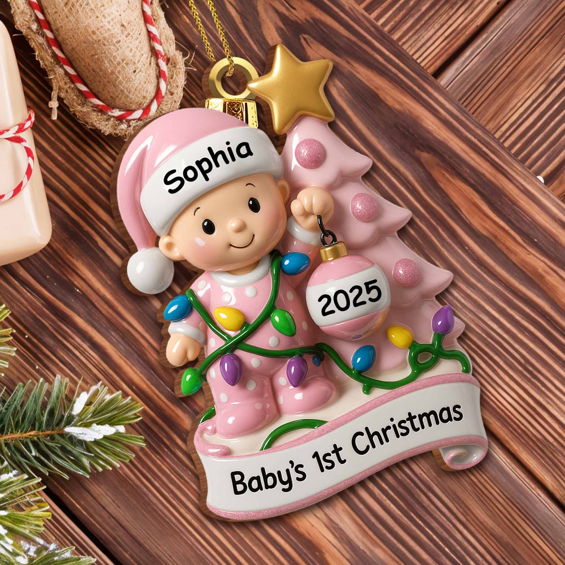 Baby's 1st Christmas With Festive Tree And Lights - Personalized Custom Wood Ornament, Custom Shaped - KID156_WDO