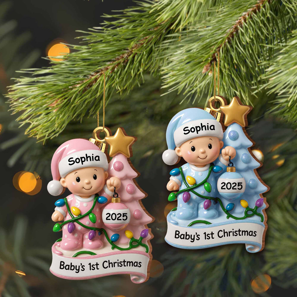 Baby's 1st Christmas With Festive Tree And Lights - Personalized Custom Wood Ornament, Custom Shaped - KID156_WDO