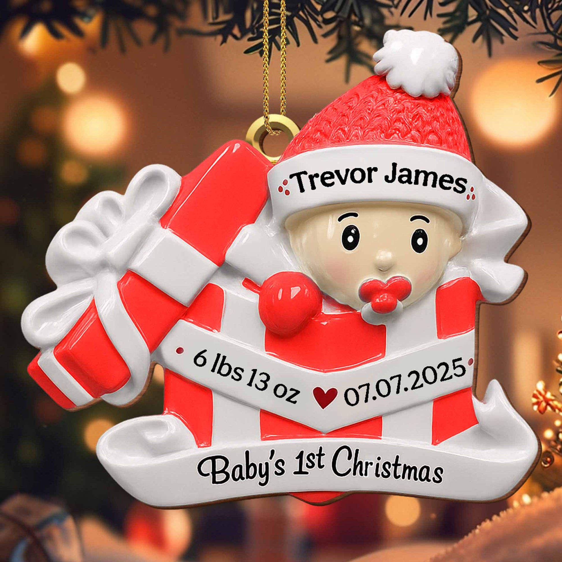 Baby's 1st Christmas, Gift Box and Christmas Hat - Personalized Custom Wood Ornament, Custom Shaped - KID165_WDO