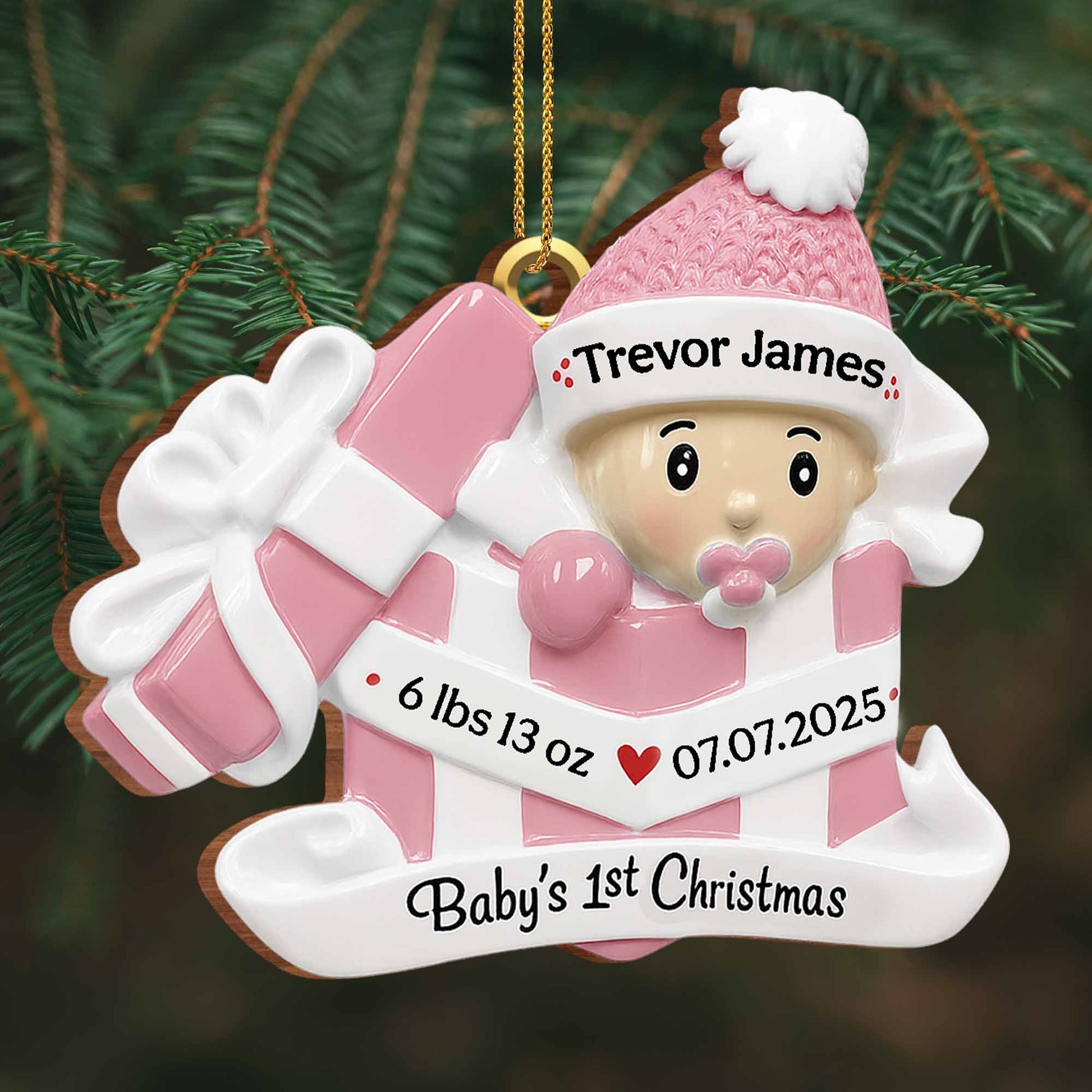 Baby's 1st Christmas, Gift Box and Christmas Hat - Personalized Custom Wood Ornament, Custom Shaped - KID165_WDO