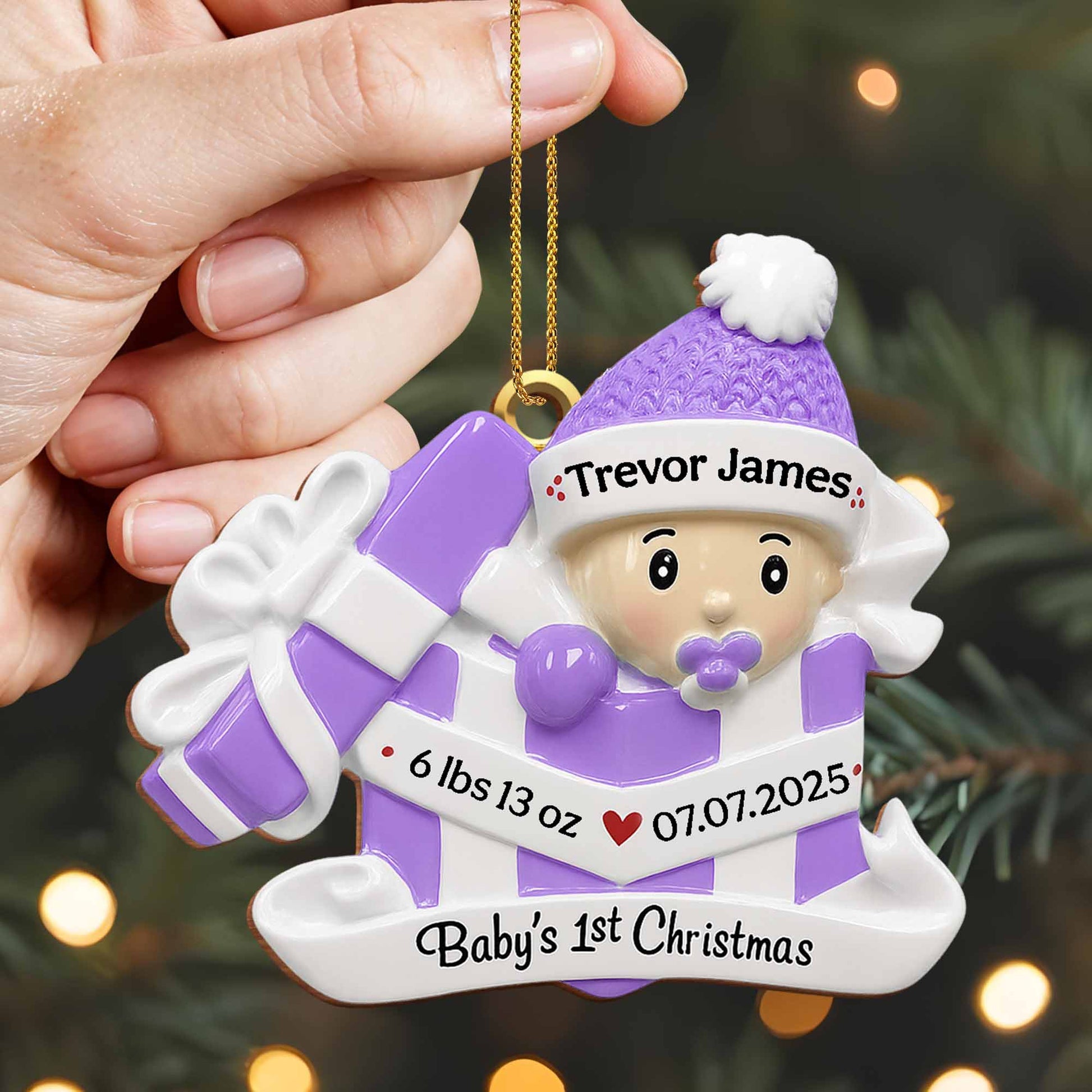 Baby's 1st Christmas, Gift Box and Christmas Hat - Personalized Custom Wood Ornament, Custom Shaped - KID165_WDO