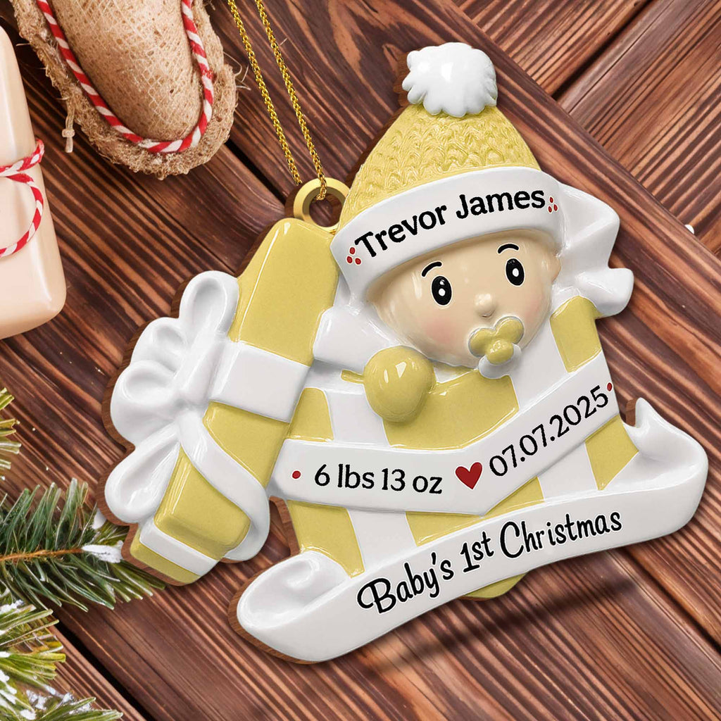 Baby's 1st Christmas, Gift Box and Christmas Hat - Personalized Custom Wood Ornament, Custom Shaped - KID165_WDO