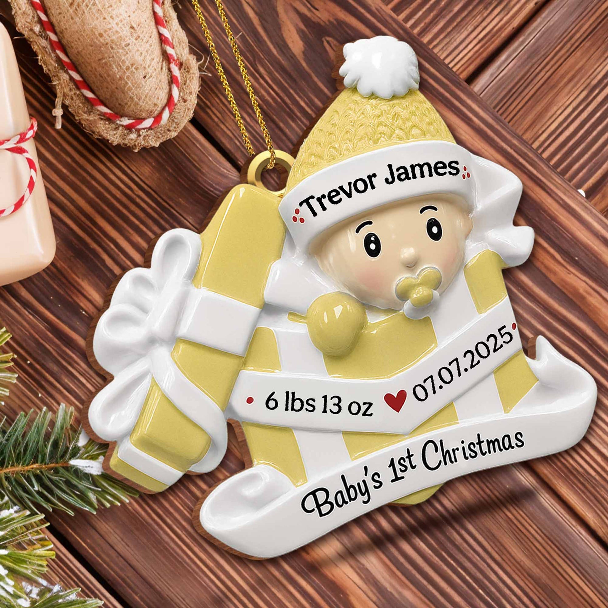 Baby's 1st Christmas, Gift Box and Christmas Hat - Personalized Custom Wood Ornament, Custom Shaped - KID165_WDO