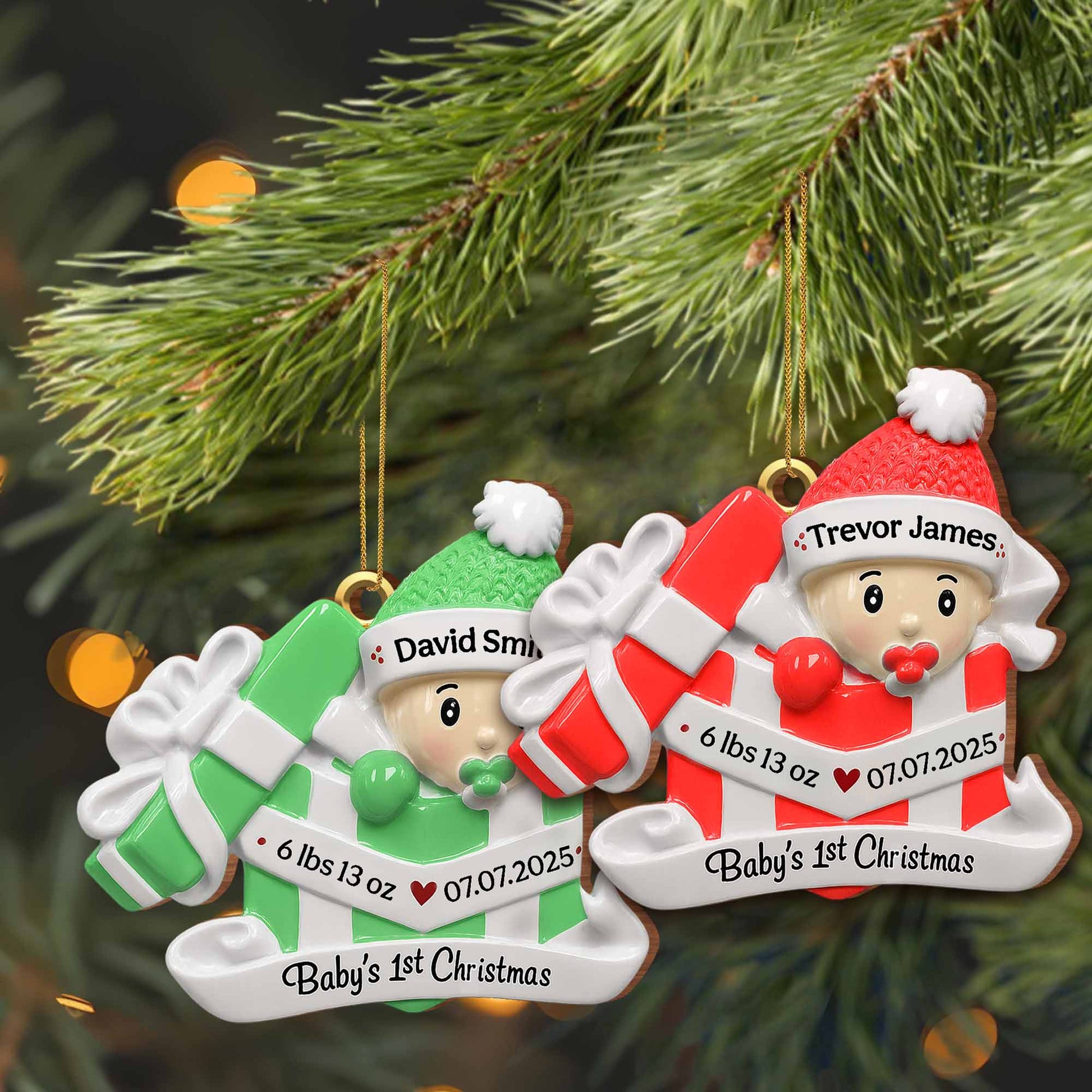 Baby's 1st Christmas, Gift Box and Christmas Hat - Personalized Custom Wood Ornament, Custom Shaped - KID165_WDO