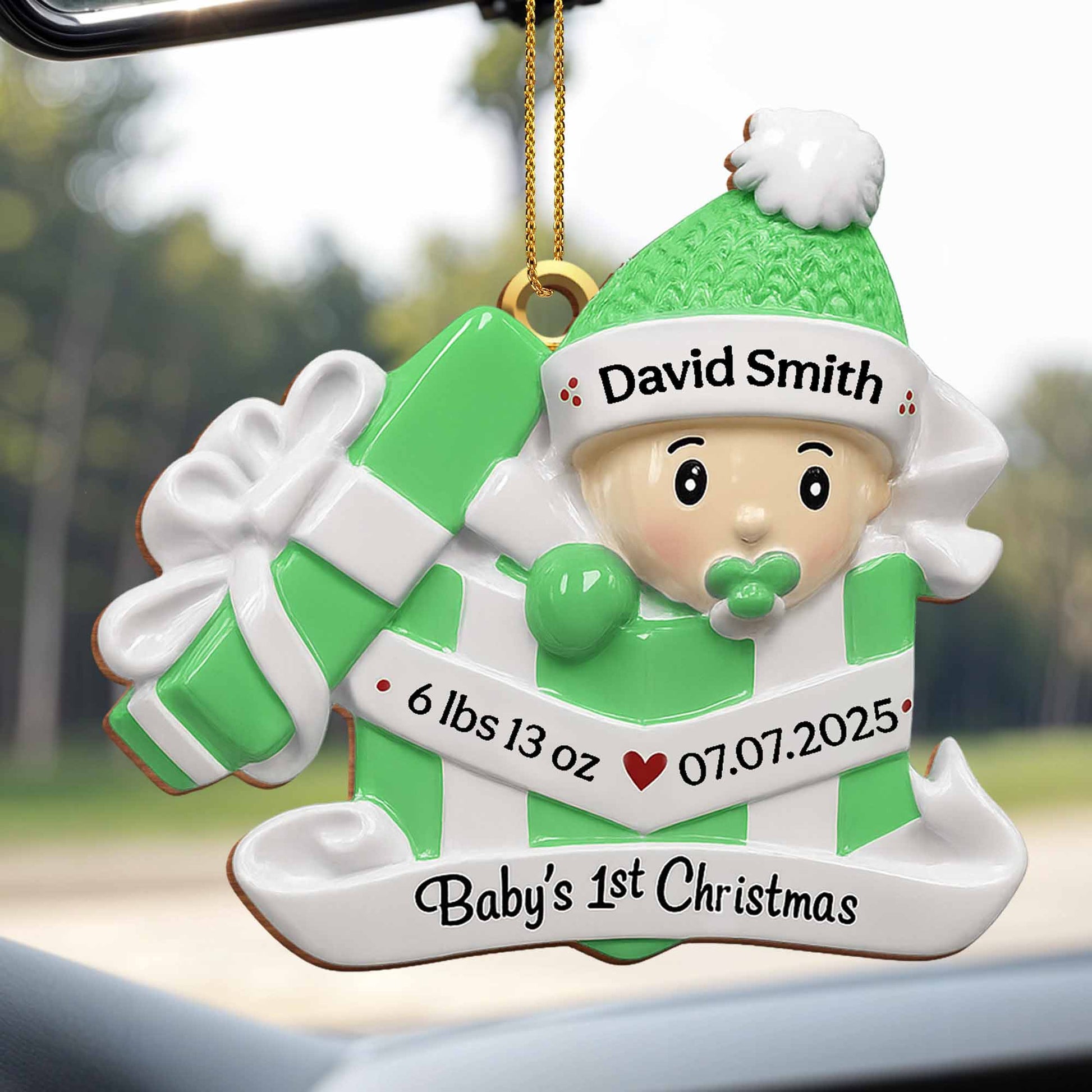 Baby's 1st Christmas, Gift Box and Christmas Hat - Personalized Custom Wood Ornament, Custom Shaped - KID165_WDO