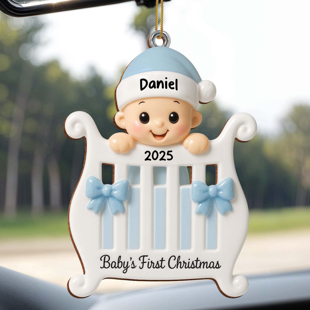 Baby's First Christmas With Crib and Bows - Personalized Custom Wood Ornament, Custom Shaped - KID179_WDO