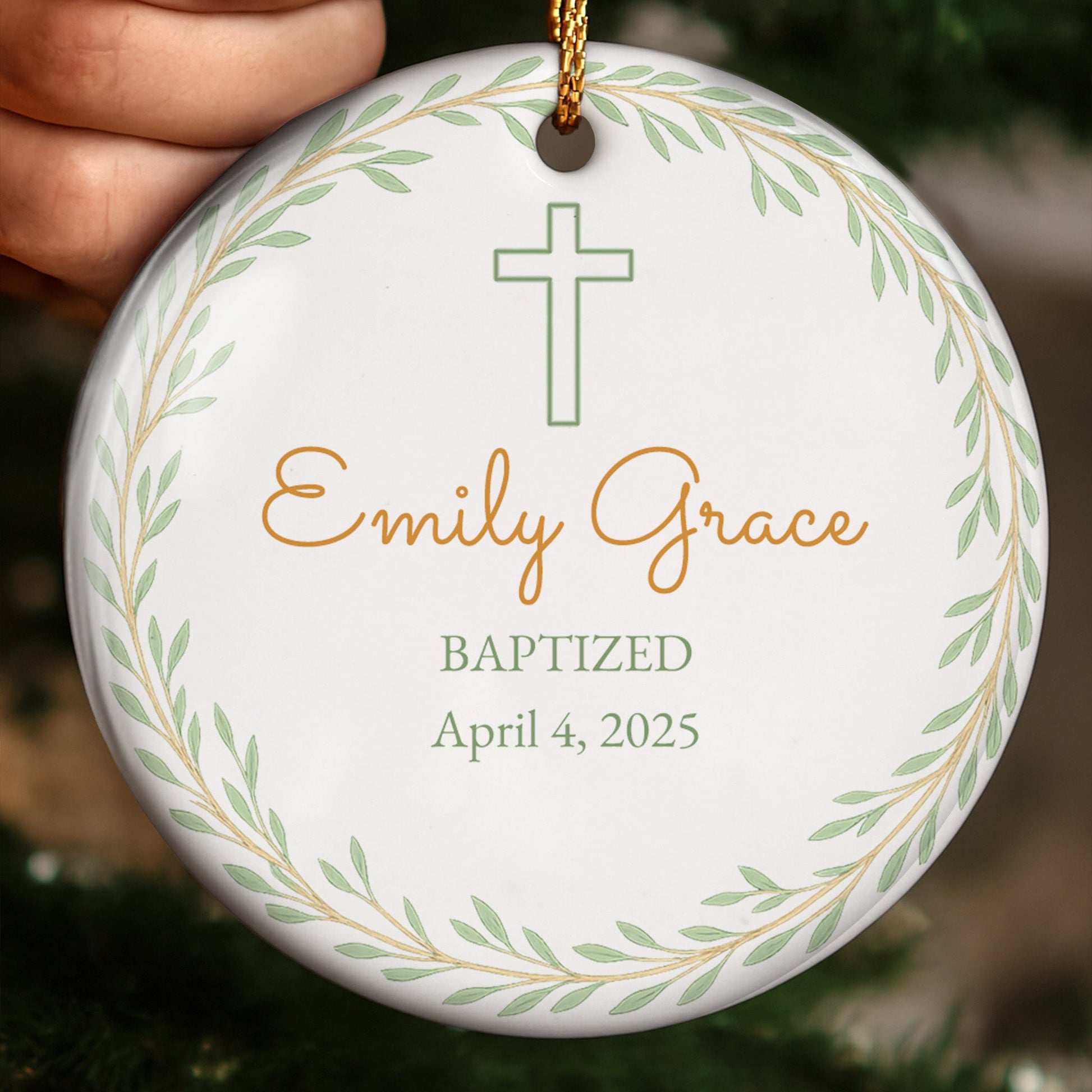 Baptized, Beautiful Keepsake With Cross And Leaves - Personalized Custom Ceramic Ornament With Round Shape - KID214_RCE