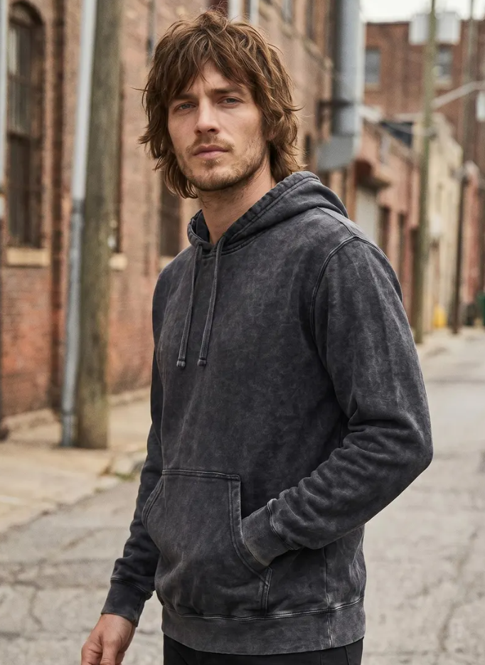 Black Mineral Wash Hoodie Vintage Style Unisex Fleece
