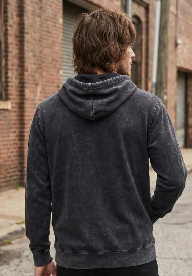 Black Mineral Wash Hoodie Vintage Style Unisex Fleece