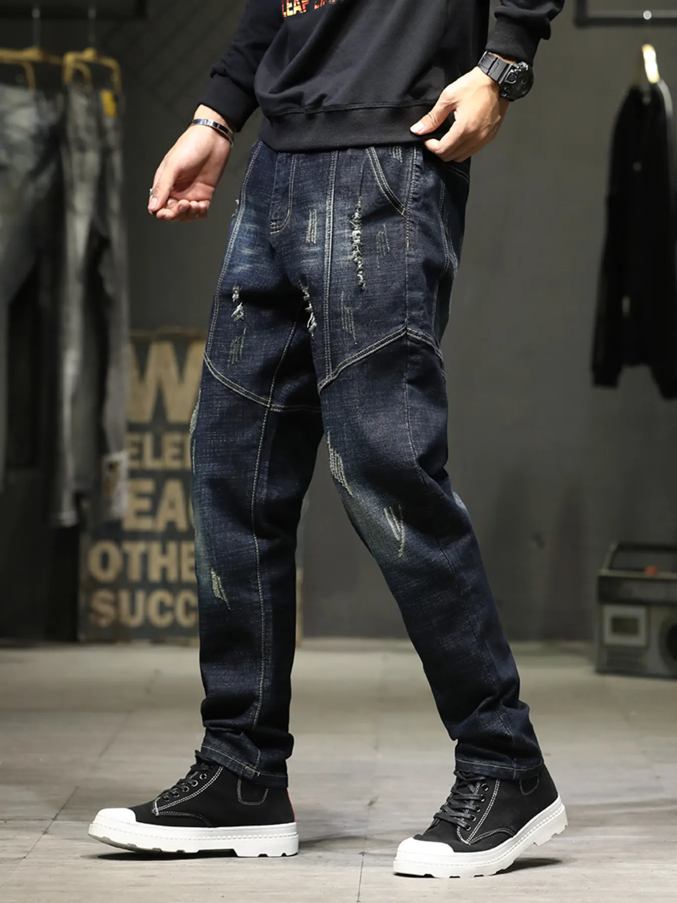 Men's Distressed Slim Fit Wash Jeans - Blue Black