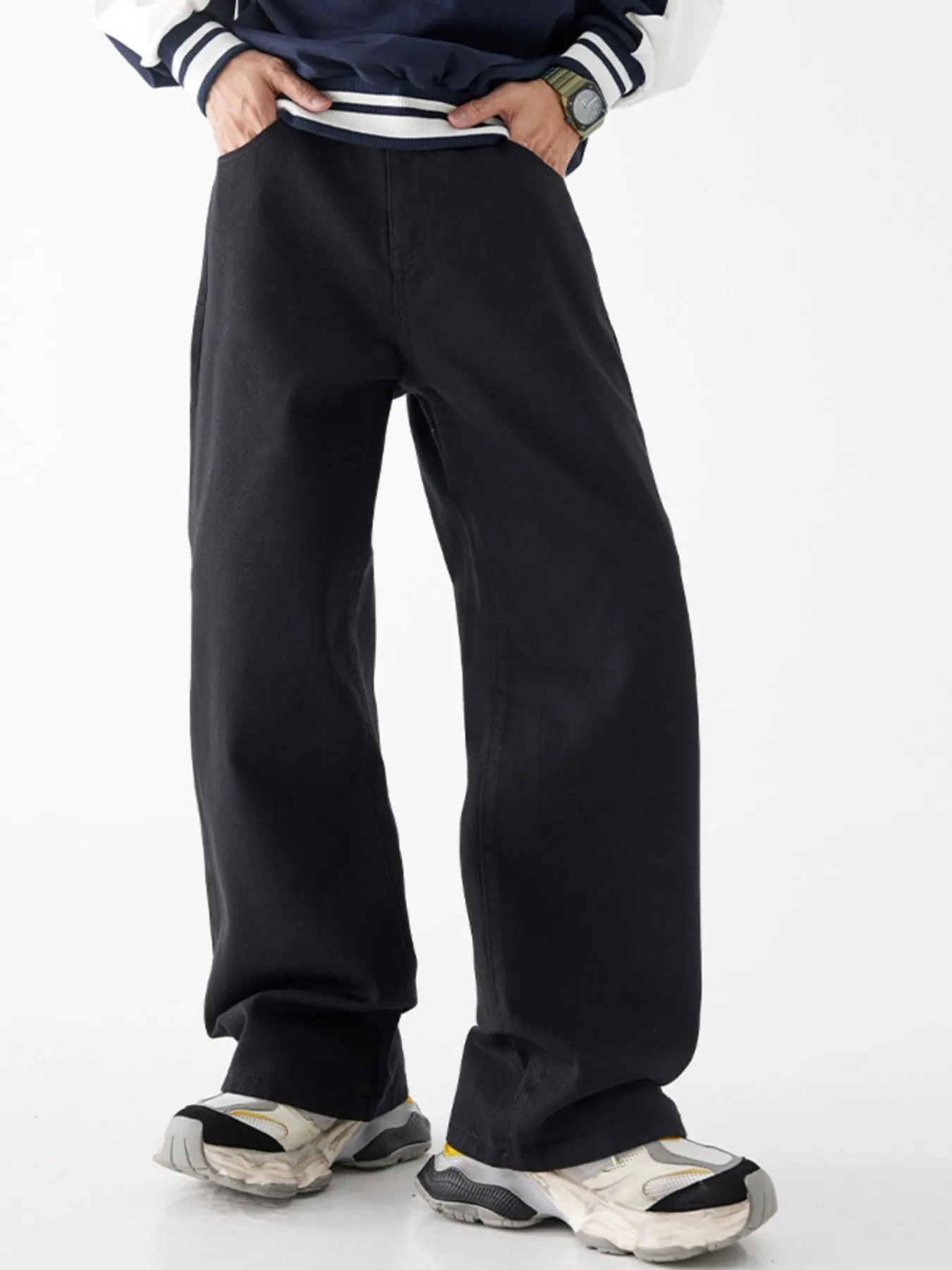 Men's Wide Leg Jeans with Pockets - Black