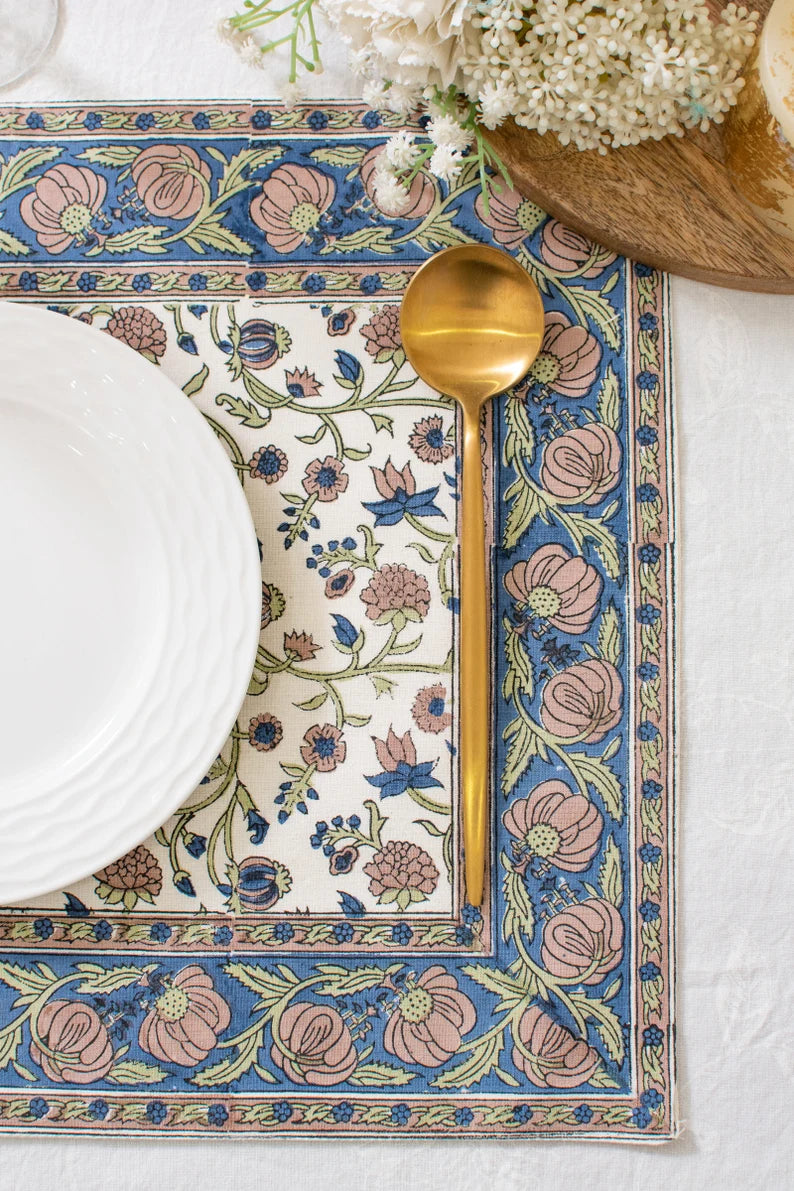 Quilted Placemats: Hand Block Print Blue Floral Cotton Dining Table Mats