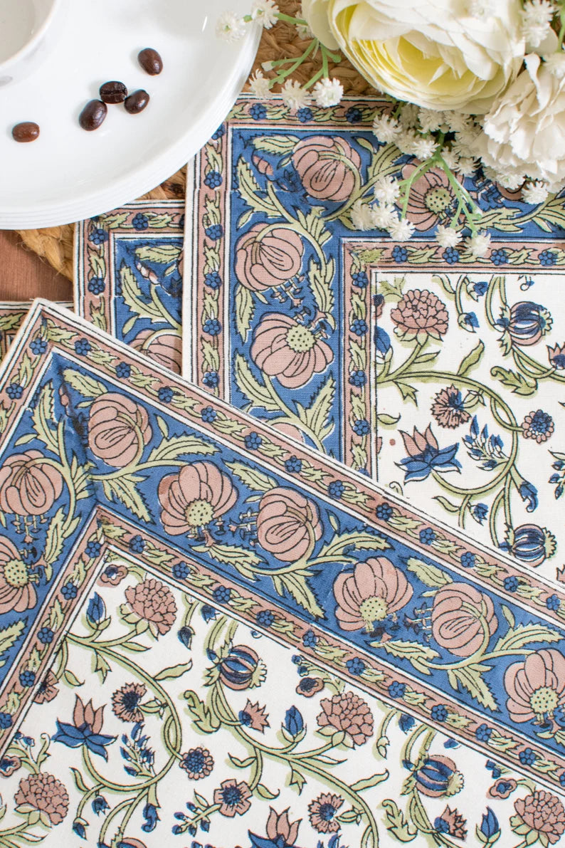 Quilted Placemats: Hand Block Print Blue Floral Cotton Dining Table Mats