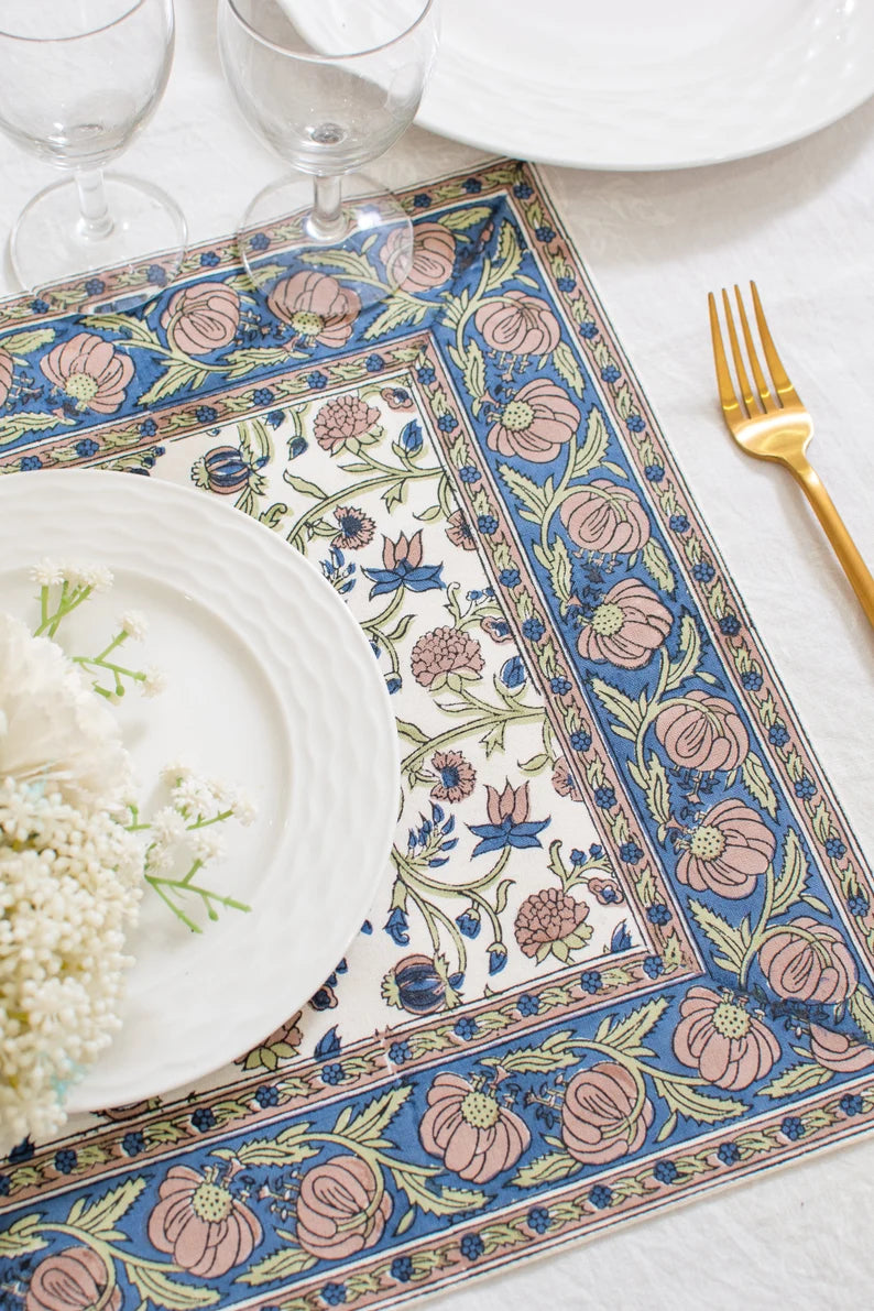 Quilted Placemats: Hand Block Print Blue Floral Cotton Dining Table Mats