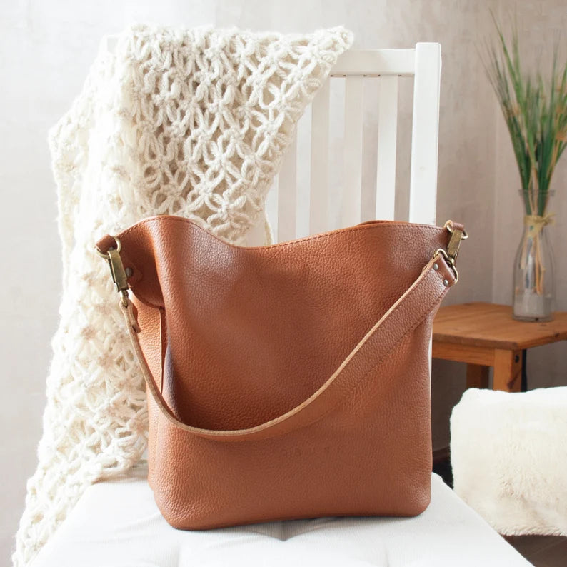 Full Grain Leather Bucket Tote: Handmade Adjustable Crossbody Purse