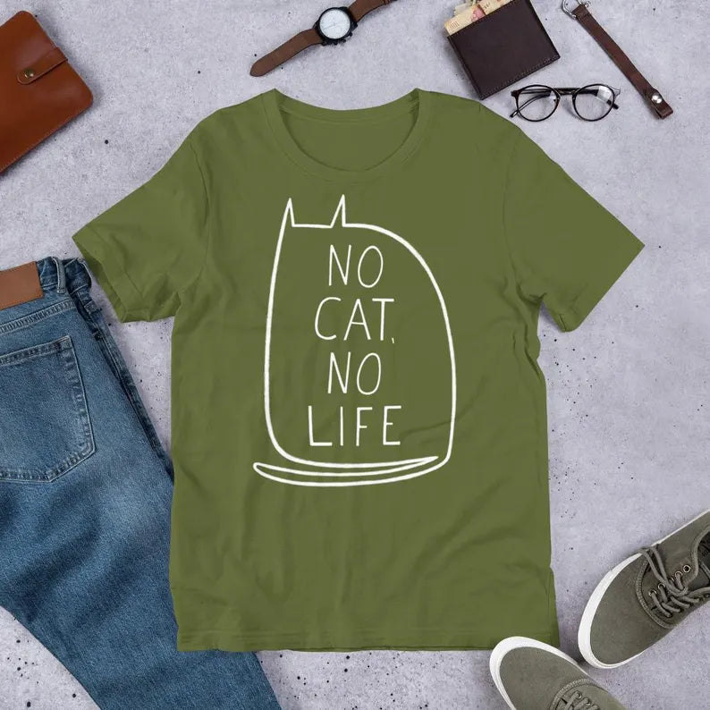 Straight Cut T-Shirt - "No Cat No Life" Kawaii Kitty Graphic Tee & Cute Quirky Gothic Cotton Shirt