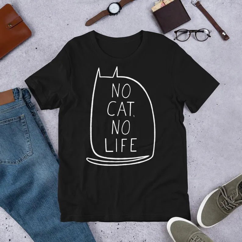 Straight Cut T-Shirt - "No Cat No Life" Kawaii Kitty Graphic Tee & Cute Quirky Gothic Cotton Shirt