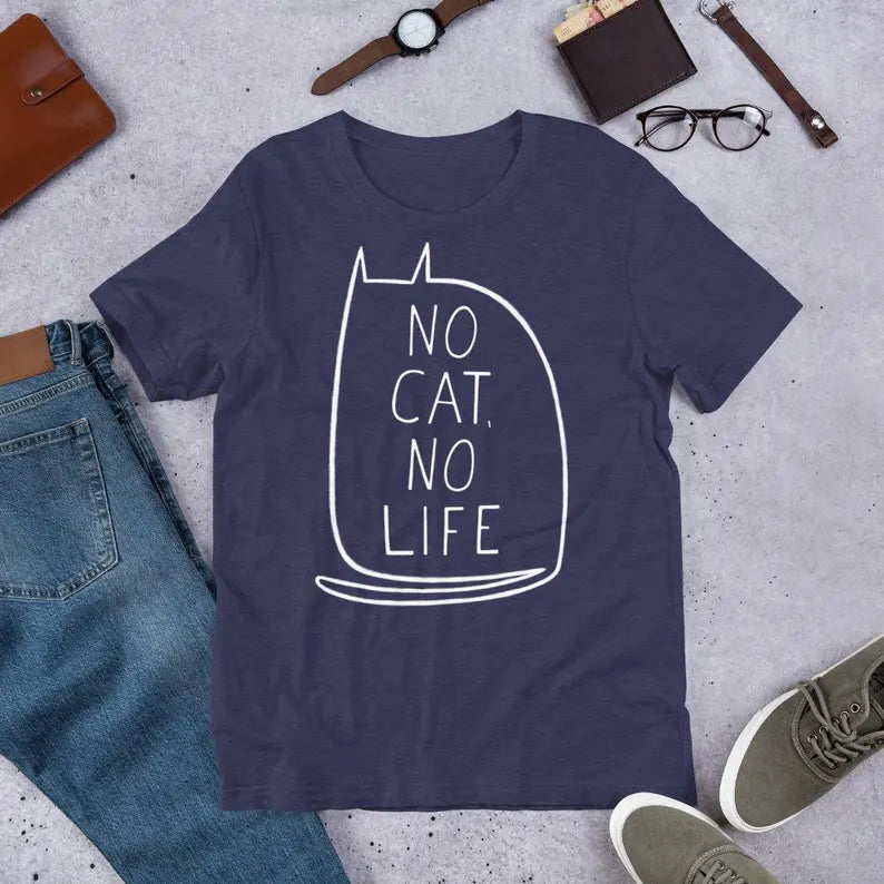 Straight Cut T-Shirt - "No Cat No Life" Kawaii Kitty Graphic Tee & Cute Quirky Gothic Cotton Shirt