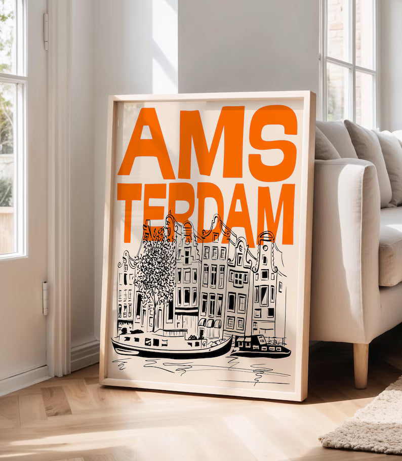 Vintage Amsterdam Travel Poster | Retro Canal & Architecture Art Print