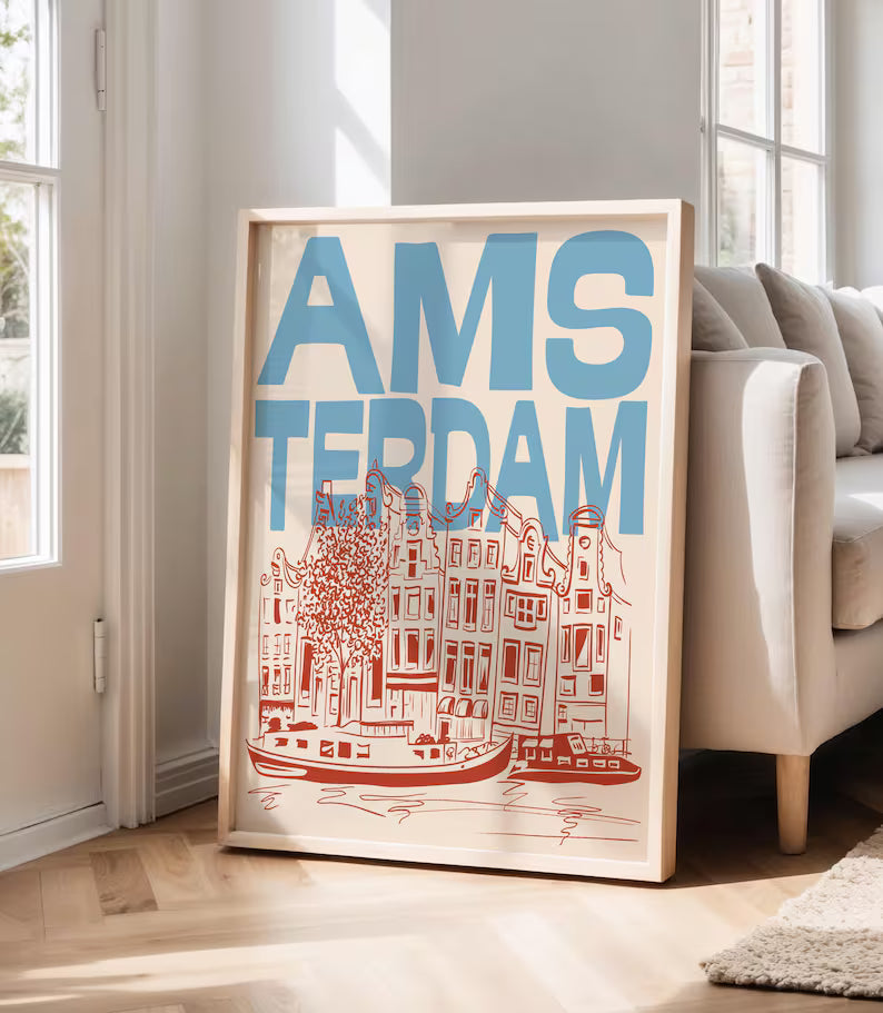 Vintage Amsterdam Travel Poster | Retro Canal & Architecture Art Print
