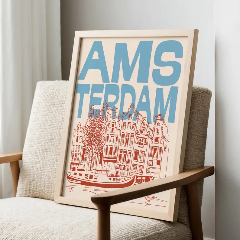 Vintage Amsterdam Travel Poster | Retro Canal & Architecture Art Print