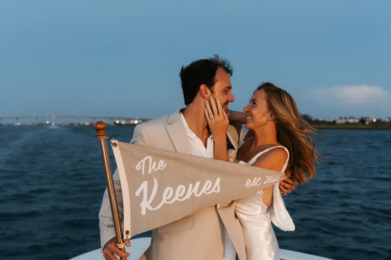 Custom Linen Wedding Flag | Personalized Last Name Pennant
