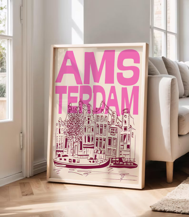 Vintage Amsterdam Travel Poster | Retro Canal & Architecture Art Print