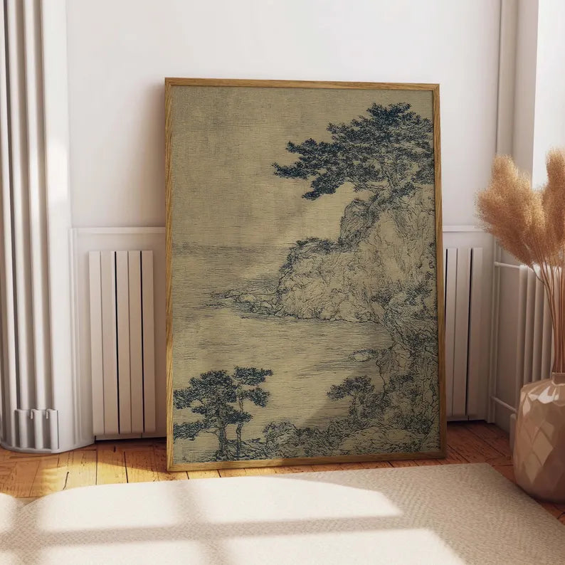 Vintage Japanese Sketch Print - Antique Nature Landscape Poster & Minimalist Coastal Moody Wall Art