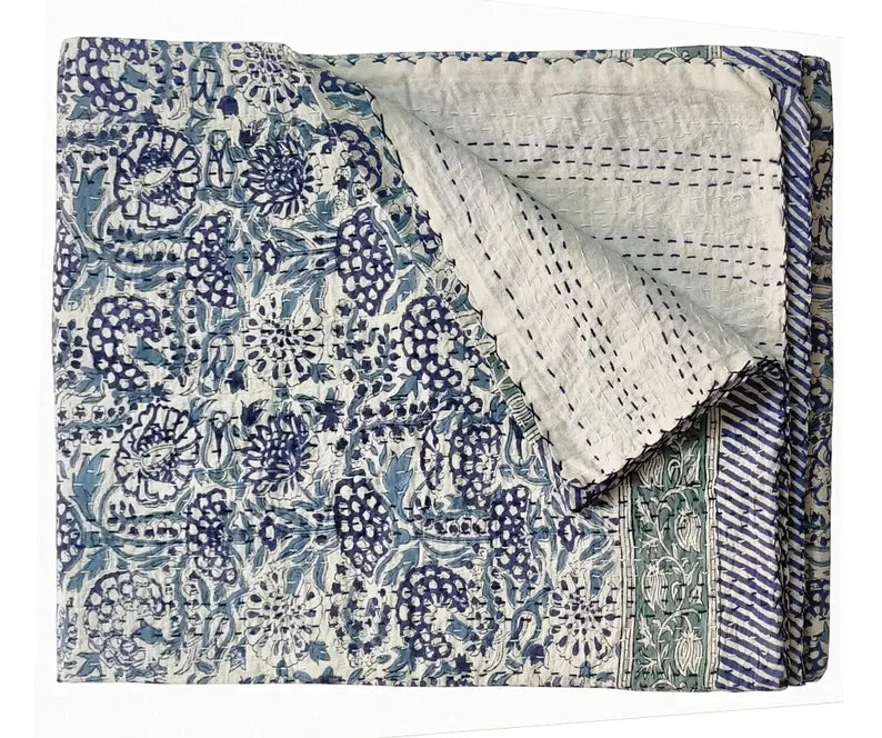 Quilted Bed Runner: Hand Block Print Blue & White Indian Cotton Kantha Bedspread