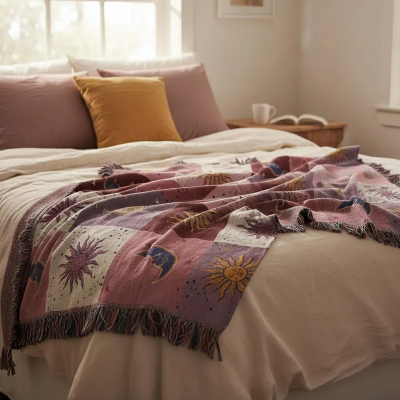 Quilted Blanket: Pink Celestial Sun and Moon Patchwork Throw