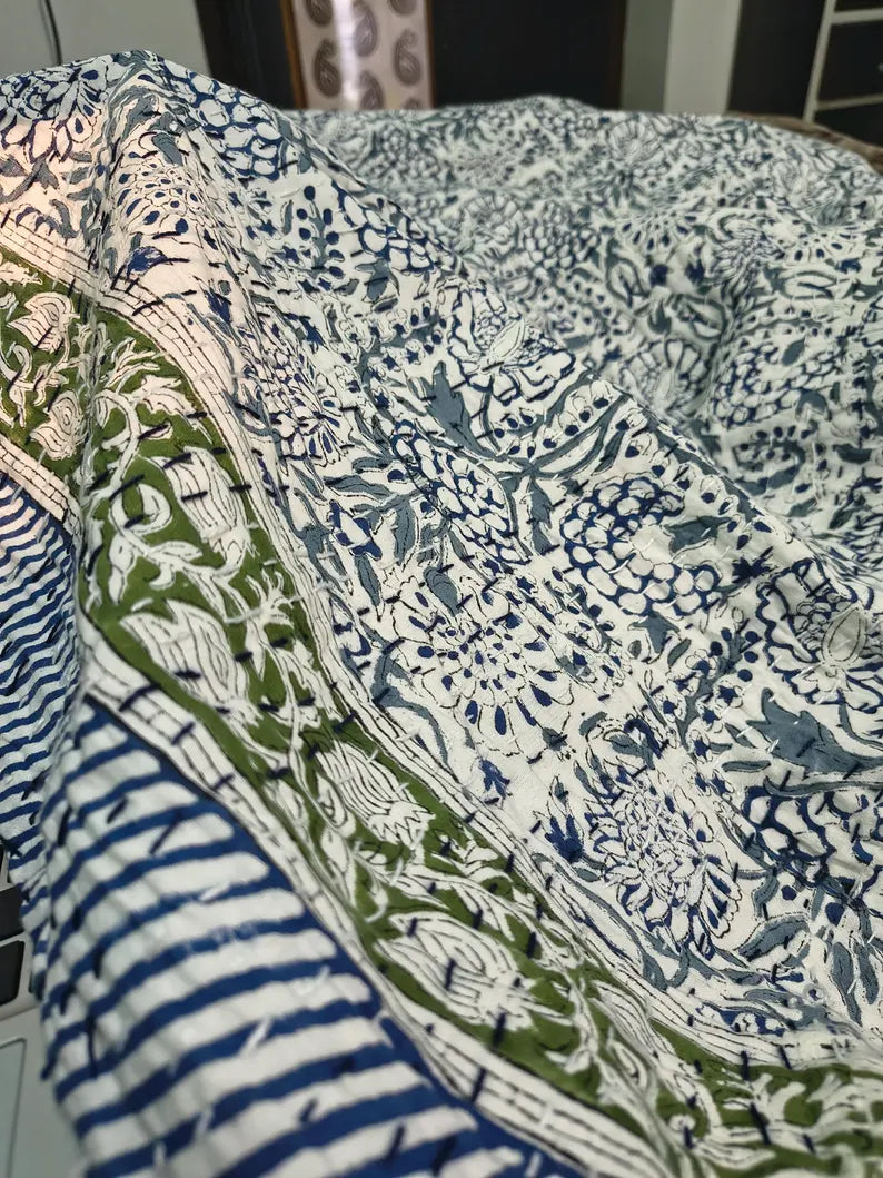 Quilted Bed Runner: Hand Block Print Blue & White Indian Cotton Kantha Bedspread