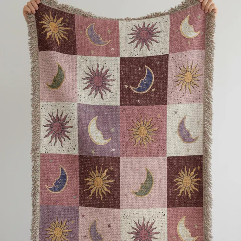 Quilted Blanket: Pink Celestial Sun and Moon Patchwork Throw