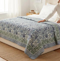 Quilted Bed Runner: Hand Block Print Blue & White Indian Cotton Kantha Bedspread