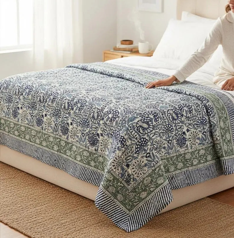 Quilted Bed Runner: Hand Block Print Blue & White Indian Cotton Kantha Bedspread